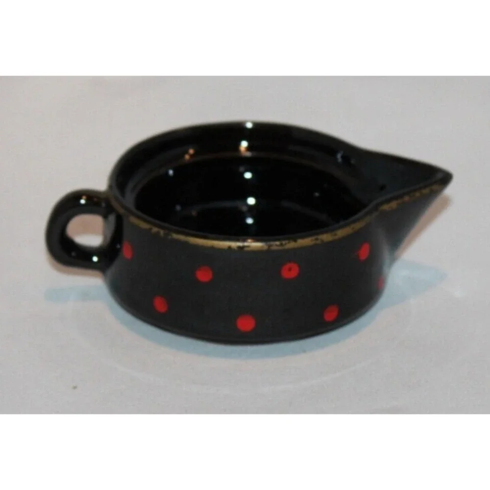 vintage 3 stack tea pot with creamer & cup black red polka dots gold trim Japan